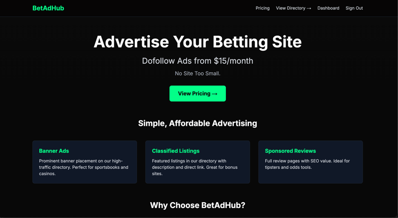 BetAdHub.com dashboard concept – advertising tools in dark UI