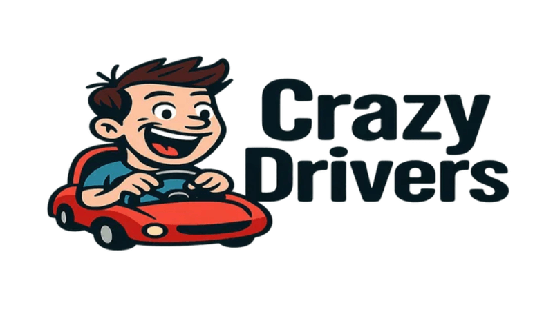 CrazyDrivers.com premium domain logo – cartoon driver in red car