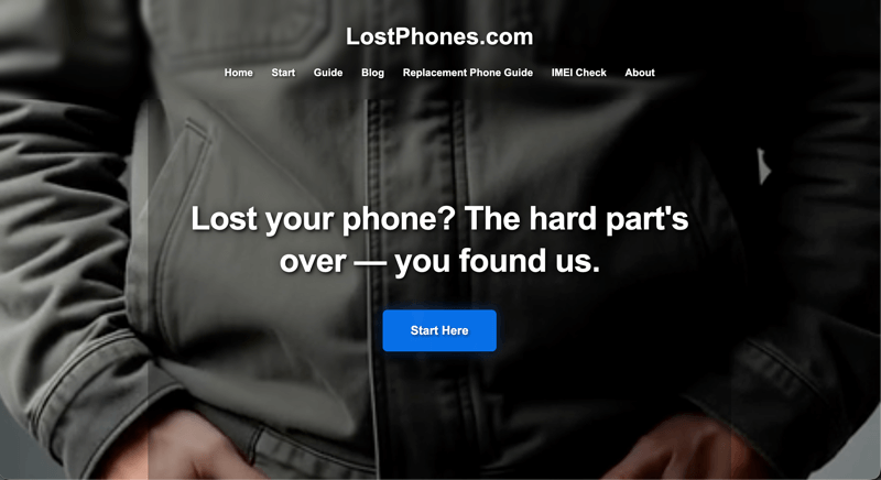 LostPhones.com homepage – free lost phone recovery interface